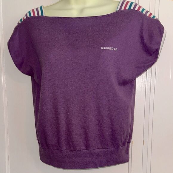 Vtg 70s/80s Purple Runner Up By Argo with Multi Color Striped Shoulders Knit Top - Picture 1 of 8